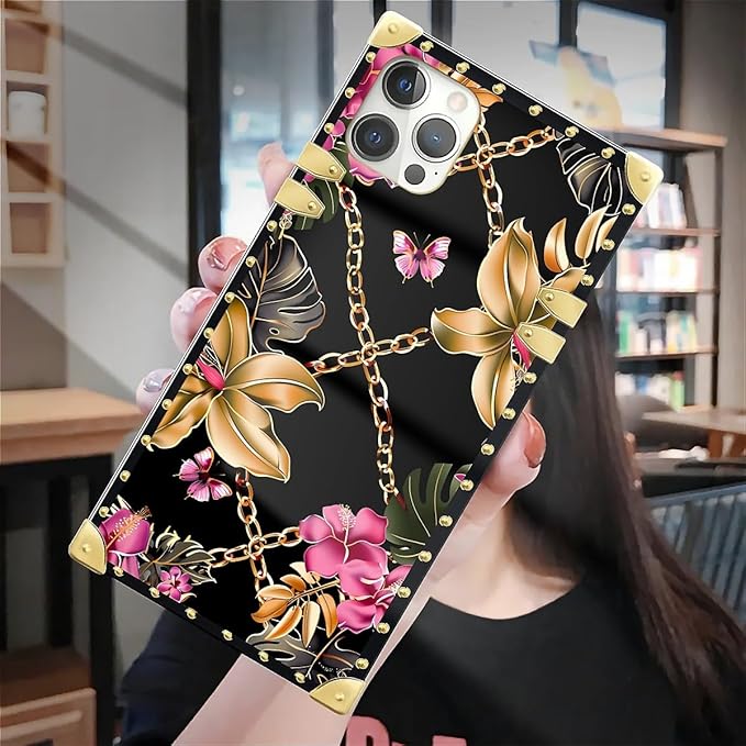 Compatible with iPhone 12 12 Pro Case, Pink Golden Chain Tropical Flower Luxury Golden Decoration for Girl Women Soft TPU Shockproof Protective Hard PC Back for iPhone 12 12 Pro