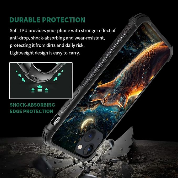 for iPhone 13 Mini Case, Star Cave Hungry Wolf Pattern Graphic Design Girl Boy Soft Silicone Hard Acrylic Shock Protection for iPhone 13 Mini