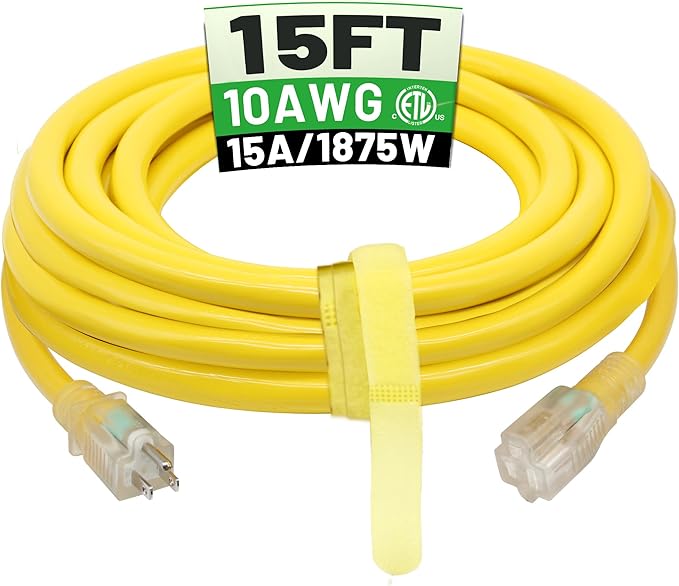 POWGRN 15 Ft 10AWG Outdoor Extension Cord Waterproof Heavy Duty 10 Gauge 3 Prong, Flexible Cold-Resistant Power Cord Indoor & Outside with Lighted Indicator End, 15Amp 1875W SJTW Yellow ETL Listed