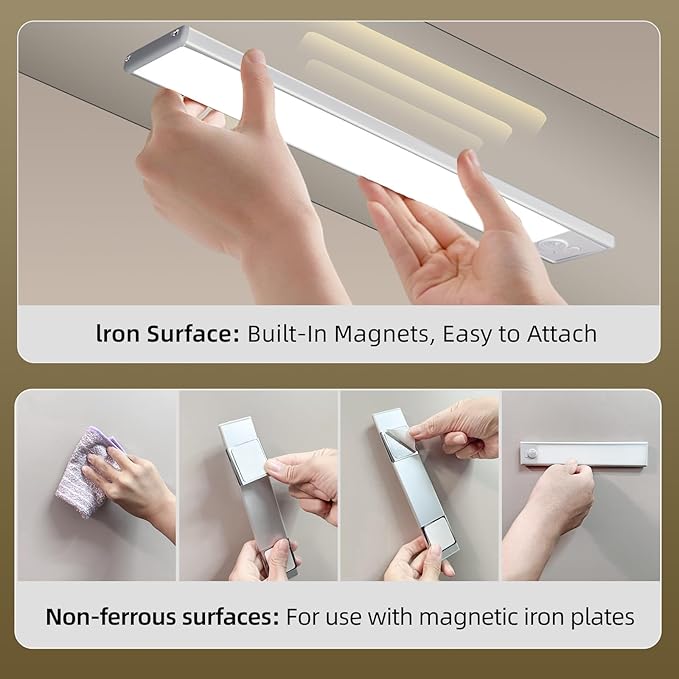 14inch Under Cabinet Lighting, 4 Pack Rechargeable Motion Sensor Light Indoor, Wireless Dimmable Magnetic Closet Lights, 58 LED Under Counter Lights for Kitchen, Wardrobe, Stairs, Warm Light