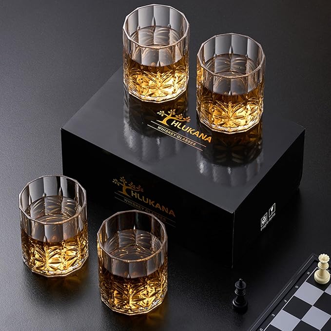 Hlukana Unbreakable Plastic Whiskey Glasses Set of 6, 14 Oz Old Fashioned Glasses for Scotch Cocktail Rum Bourbon Vodka Liquor, Unique Gifts for Men, Reusable, Clear, BPA-free, Dishwasher Safe