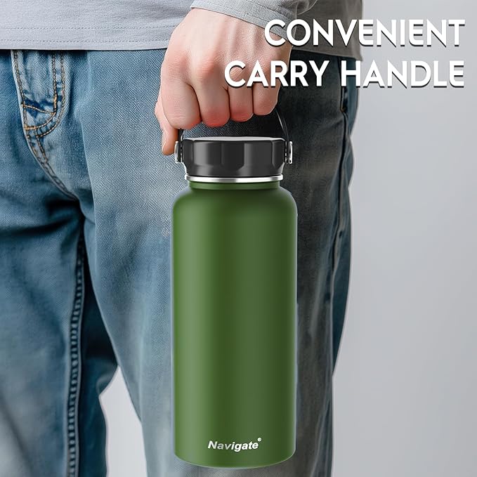 Navigate 32 oz Insulated Stainless Steel Sports Water Bottle with Spout & Handle Lids,Wide Mouth Water Jug with Double Walled Leak Proof Keep Cold for 24 Hrs Hot for 12 Hrs,Dark Green