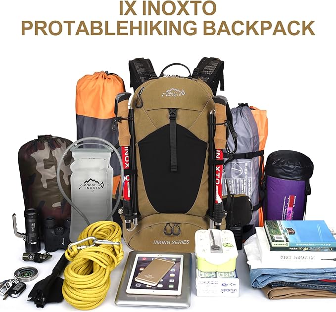 IX INOXTO Hiking Backpack, 26L/40L Waterproof Hiking Daypack with 3L Water Bladder and Rain Cover, Lightweight Travel Camping Backpack for Men Women (Khaki)