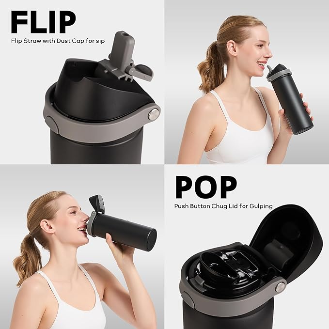 32 oz Insulated Water Bottle for Travel, 2-in-1 Quick Flip Straw and Push Button Spout Lid, Triple Walled Vacuum Stainless Steel Keep Cold for 30Hrs, Leakproof, for Gym, Hiking, Trip, Black