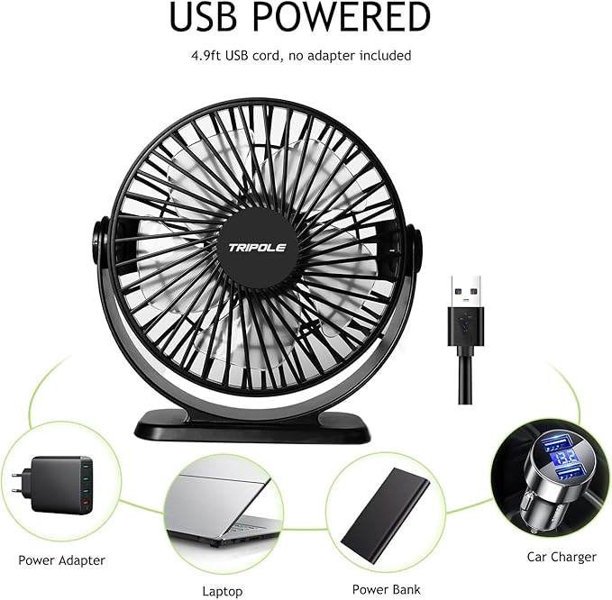 TriPole Desk Fan USB Powered 2 Pack Black Small Portable Fan, 3 Speeds Strong Airflow Mini Fan 360°Rotation Personal Fan 5.1 Inch Table Fan for Home Office Bedroom Desktop Travel, 4.9ft Cable