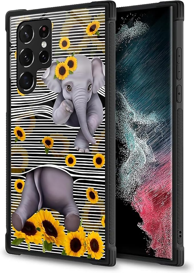 for Samsung Galaxy S23 Ultra Case, Cute Little Elephant Sunflower White Line Art Pattern Graphic Design Soft Silicone Hard Acrylic Shock Protection for Samsung Galaxy S23 Ultra