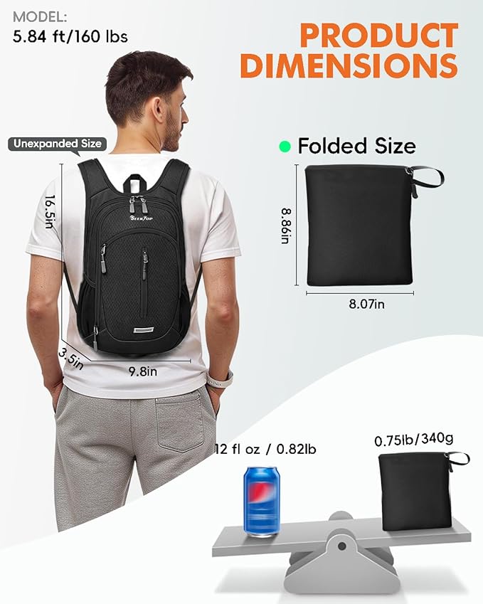 Seektop Small Hiking Backpack Expandable 12L-15L, Lightweight Packable Waterproof Daypack with Phone Pocket for Women Men