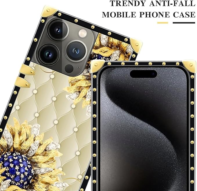 Compatible with iPhone 16 Pro Max Case, Sunflower Diamonds Leather Luxury Golden Decoration for Girl Women Soft TPU Shockproof Protective Hard PC Back for iPhone 16 Pro Max