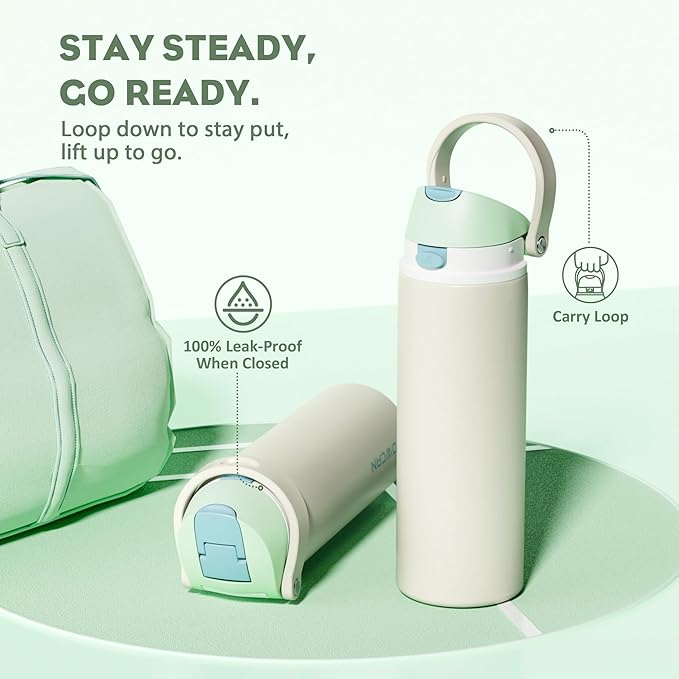 POWCAN 24 oz Steel Insulated Water Bottle: 2-in-1 Push-Button Spout & Flip Straw Lid, Leakproof, Cold 24 Hrs, Fits Car Cup Holder, Reusable Metal Sports Bottle for Travel, Gym, School (Icy Drift)