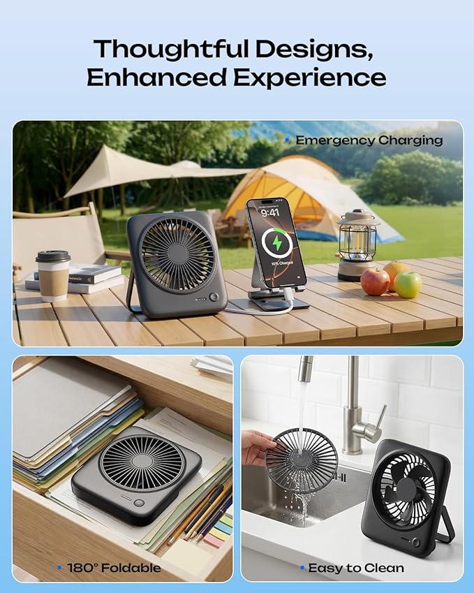 Otlonpe Personal Portable Desk Fan 2 Pack, 4000mAh Small Rechargeable Portable Fan Battery Operated & USB Powered for Travel Sleeping Bedroom Office Home Table, Cordless, Quiet, 4-Speed, 6.5 Inch