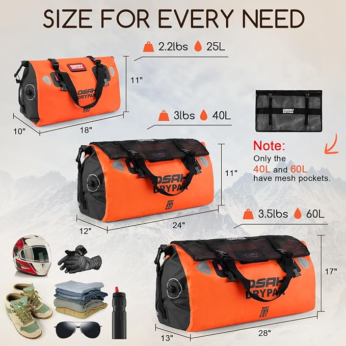 OSAH DRYPAK Waterproof Duffel Bag - Motorcycle Dry Bag Tail Bag with Large Storage Space, Waterproof Luggage Duffle Bags with Outer Mesh Zipper Pocket for Camping, Kayaking, Fishing & Traveling