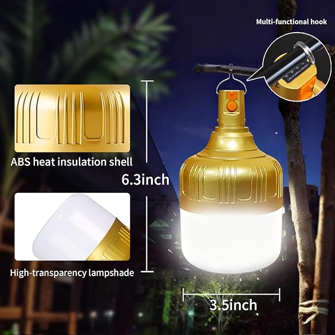 2-Pack Rechargeable Outdoor Camping Lights, 2400mAh IPX4 Waterproof LED Hanging Light, Emergency Light Bulbs for Power Outage, Portable Tent Lamps with Hook for Campsite, Vendor Booths, BBQ