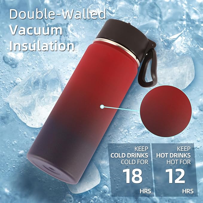 Volhoply 18oz Insulated Water Bottle Bulk 2 Pack,Kids Stainless Steel Water Bottles with Straw Lid,Double Wall Vacuum Reusable Metal Cups,Wide Mouth Sports Flask Keep Hot and Cold(Red Purple,2 Set)