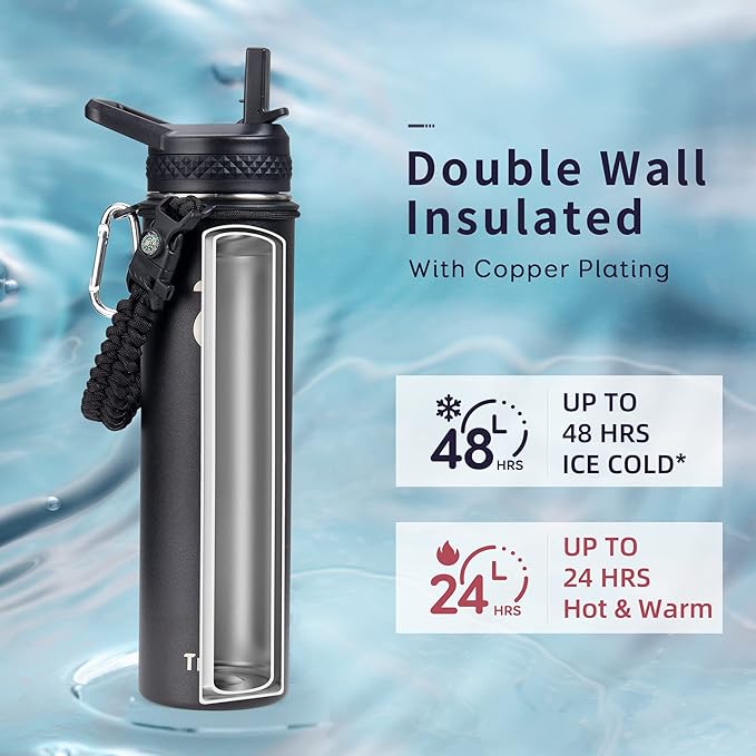 Trebo 24 oz Water Bottle Insulated with Lid and Straw,Triple Wall Vacuum Stainless Steel Metal Tumbler Sports Flask with Paracord Handle, Keep Hot 24 Hours & Cold 48 Hours Water Cup with 3 Lids, Black