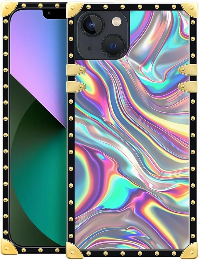 Compatible with iPhone 13 Case, Holographic Abstract Iridescent Textures Luxury Golden Decoration for Girl Women Soft TPU Shockproof Protective Hard PC Back for iPhone 13