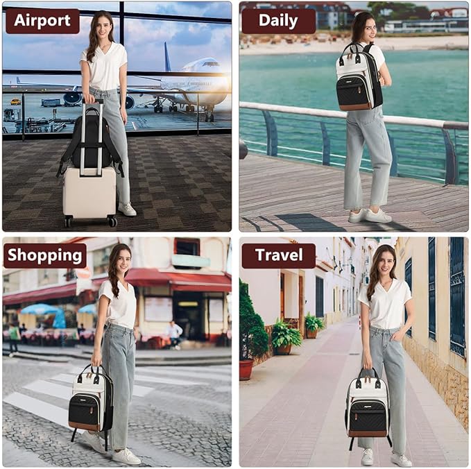 Laptop Backpack for Women Work Bookbag: 18 Inch College Backpacks with USB Charger School Book Bag Waterproof Travel Back Pack Anti-Theft Casual Bookbags for Girls Teacher Nurse Beige Black Brown