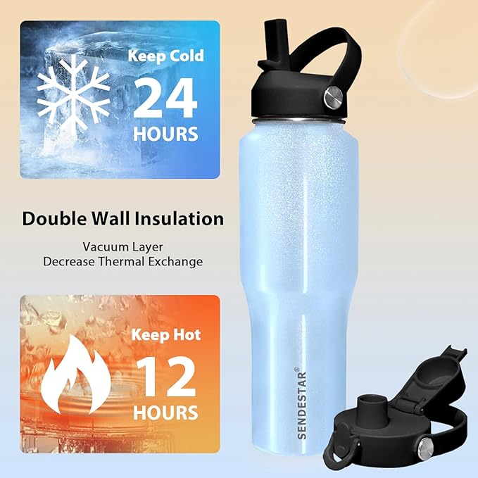 SENDESTAR Water Bottle,Wide Mouth Stainless Steel Vacuum Insulated Double Wall Keep Liquids Cold or Hot All Day,Sweat Proof Sport Design,Fit Car Cup Holder,Buling Buling Blue,40 Ounces
