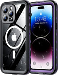 Red2Fire for iPhone 14 Pro Case Waterproof, [Built-in Screen Protector & Camera Protector][Compatible with MagSafe][Full Body Shockproof][IP68 Waterproof][Dustproof] Phone Case 6.1" Purple/Clear