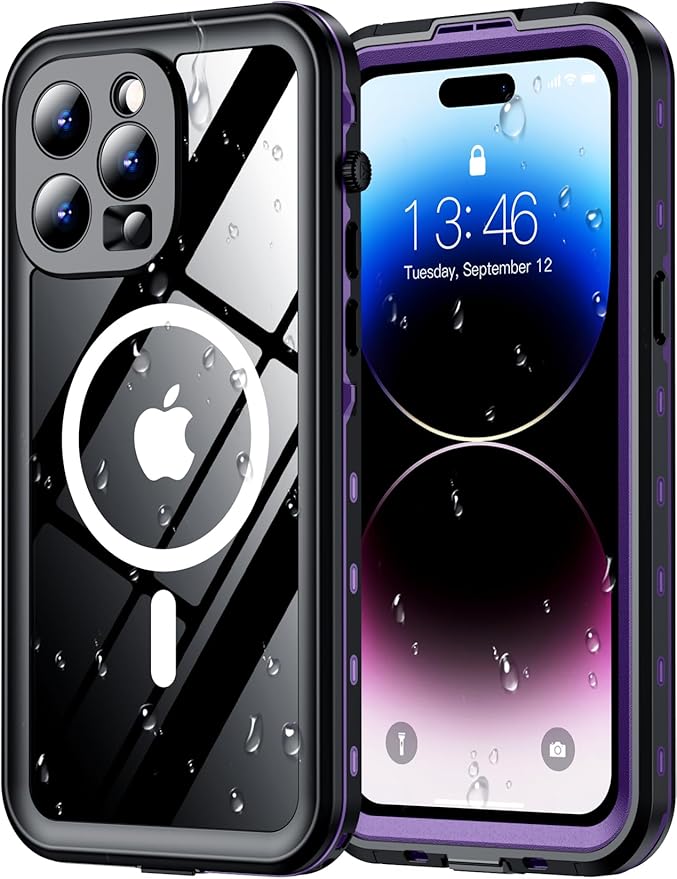 Red2Fire for iPhone 14 Pro Case Waterproof, [Built-in Screen Protector & Camera Protector][Compatible with MagSafe][Full Body Shockproof][IP68 Waterproof][Dustproof] Phone Case 6.1" Purple/Clear