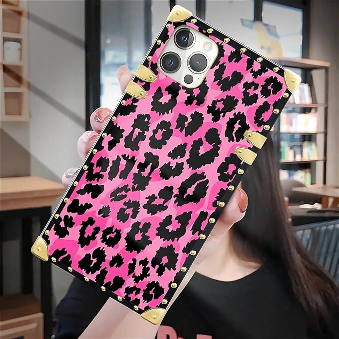 Compatible with iPhone 12 Case, Pink Black Leopard Luxury Golden Decoration for Girl Women Soft TPU Shockproof Protective Hard PC Back for iPhone 12 Pro