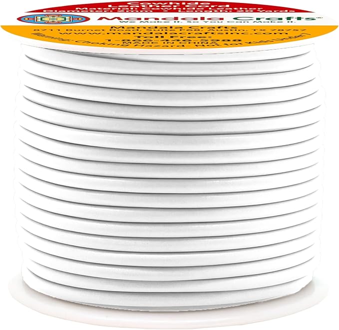 Mandala Crafts Round Cowhide Genuine White Leather Cord for Jewelry Making Kumihimo Leather Rope Spool - White String Lace - 20 Yds 2mm Cording