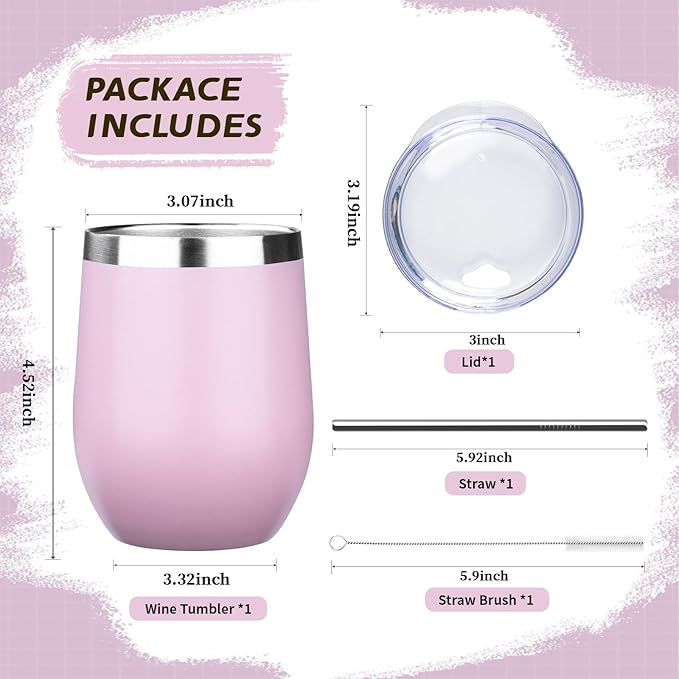 12oz Stemless Wine Tumbler with Lid Double Wall Insulated Wine Cup Stainless Steel Glasses Tumbler with Straw Insulated cocktail Tumbler Coffee Mug for Hot and Cold Beverages (Multicolor-9,6Pack)