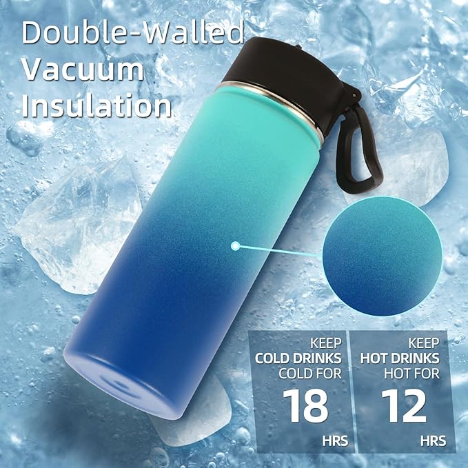 Volhoply 18oz Insulated Water Bottle Bulk 2 Pack,Kids Stainless Steel Water Bottles with Straw Lid,Wide Mouth Reusable Metal Cups,Double Wall Vacuum Sports Flask Keep Hot and Cold(Green Blue,2 Set)