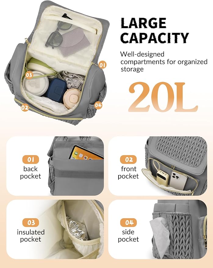 Awanhe Diaper Bag Backpack, Baby Bag with Changing Pad, Travel Waterproof Diaper Bag Tote, Newborn Essentials Must Haves, Luxury baby shower gifts for boys & Girls, Grey