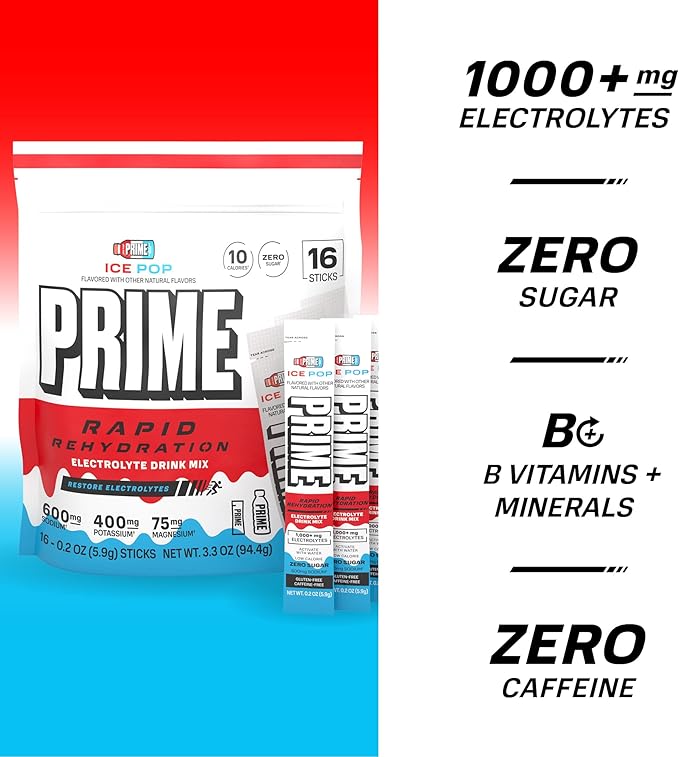Prime Rapid Rehydration Electrolyte Powder Sticks, Ice Pop, Sugar Free Hydration Drink Mix with Sodium, Potassium, Magnesium & B Vitamins to Replenish Fluids, Caffeine Free, 16 Count