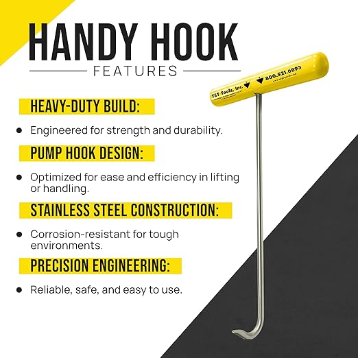 T&T Tools Handy Hook – 16" Stainless Steel Manhole Cover Hook, Puller, Dowel Pin Puller, Heavy-Duty Tool for Lifting Riser Covers, Steel Grates, Septic Tank Lids, Moving Machinery, 3/8" Standard Duty