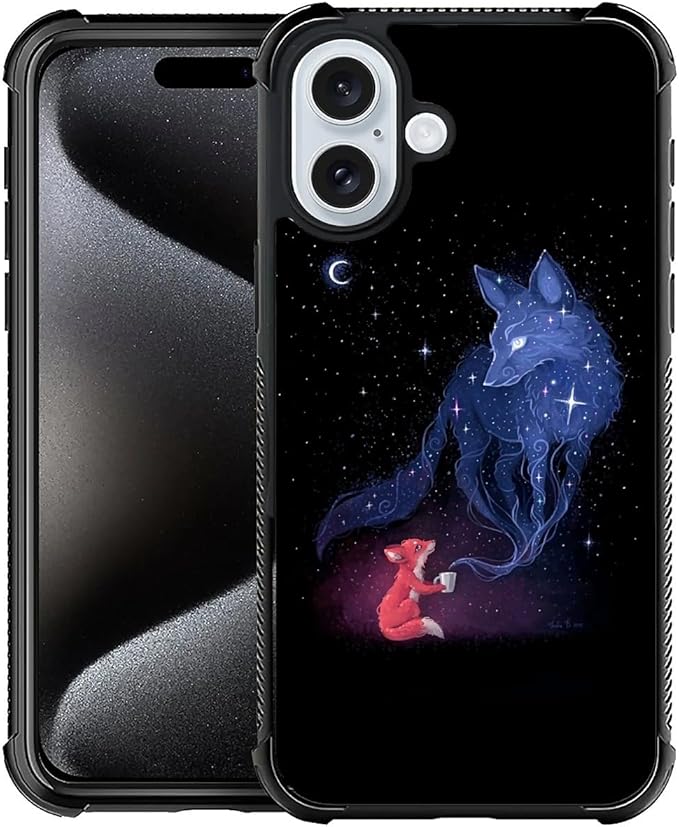 for iPhone 16 Plus Case, Galaxy Fox Wolf Pattern Graphic Design Girl Boy Soft Silicone Hard Acrylic Shock Protection for iPhone 16 Plus