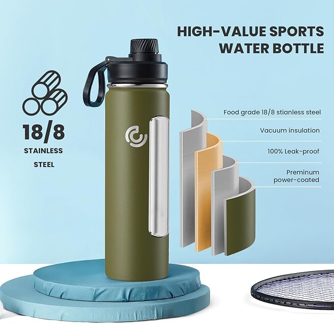 Sports Water Bottle 22oz, Insulated Water Bottle with Handle,Stainless Steel,Simple Modern,Suitable for Travel, School, Boy, Girl(Army Green)