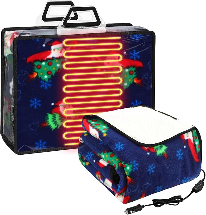 Riakrum 12V Car Heated Blanket for Cold with 2 or 3 Heating Levels 58 x 43 Emergency Winter Adjustable Temperature Electric Blanket Throw Gift Plugs in Car RV Truck SUV(Classic Color,Flying Santa)
