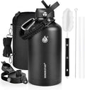 One Gallon Insulated Water Bottle, Triple Wall 128 oz Stainless Steel Wide Mouth Water Bottles (Cold for 48 Hrs), Leak Proof, Non-BPA, Large Water Flask Jug with Paracord Handle & Straw Spout Lids