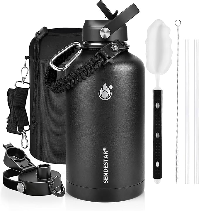 One Gallon Insulated Water Bottle, Triple Wall 128 oz Stainless Steel Wide Mouth Water Bottles (Cold for 48 Hrs), Leak Proof, Non-BPA, Large Water Flask Jug with Paracord Handle & Straw Spout Lids
