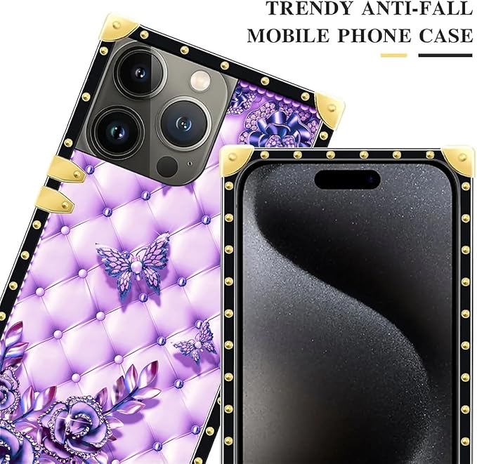 Compatible with iPhone 16 Pro Case, Purple Butterfly Flowers Leaf Luxury Golden Decoration for Girl Women Soft TPU Shockproof Protective Hard PC Back
