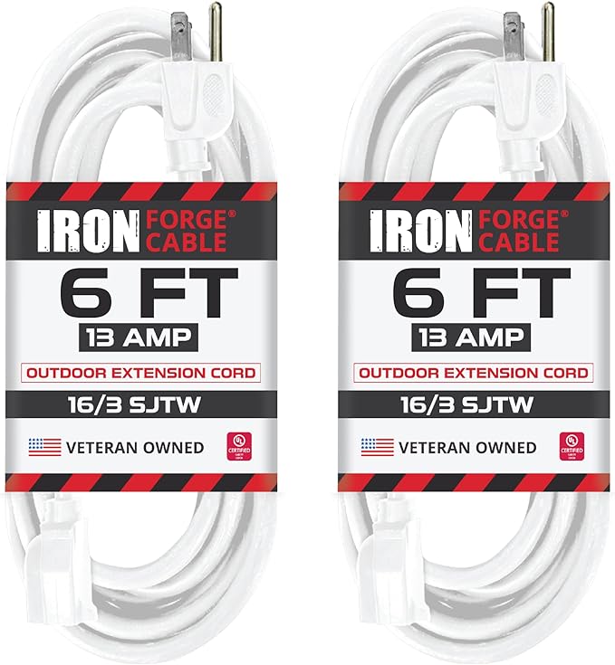 Iron Forge Cable 2 Pack Weatherproof 6 Ft Outdoor Extension Cord - 16/3 SJTW Heavy Duty White Extension Cord 3 Prong - 13 Amp Exterior Power Cable