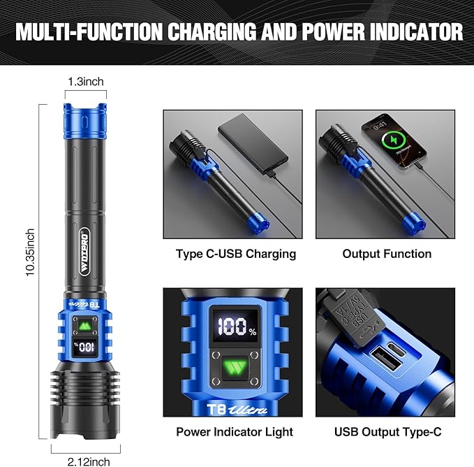 WdtPro Rechargeable LED Flashlights High Lumens, Super Bright 90000LM Rechargeable Flashlight with LCD Display, 5 Modes & Waterproof Powerful 10000mAh Handheld Flashlight for Camping Emergency Blue