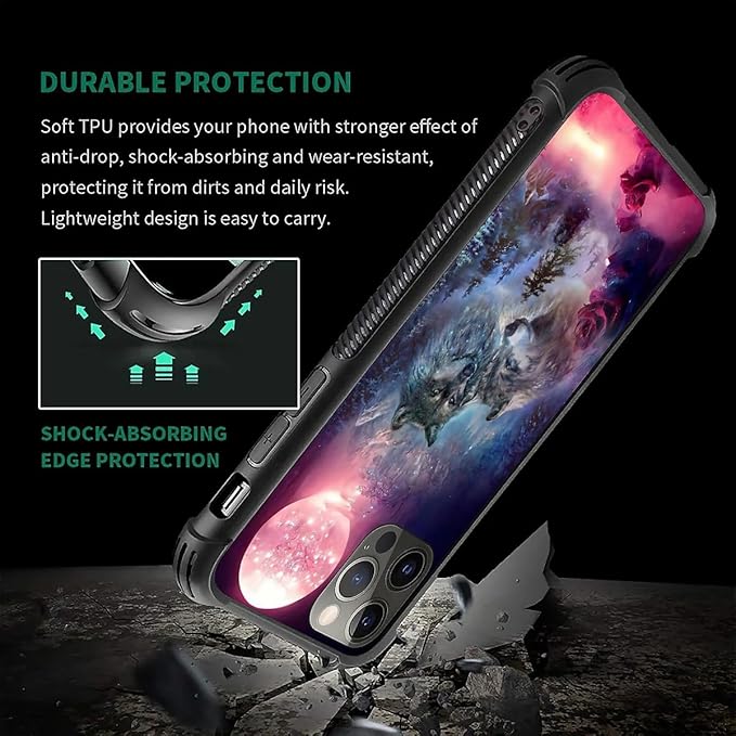 for iPhone 11 Pro Case, Star Two Wolfs Howling Pattern Graphic Design Girl Boy Soft Silicone Hard Acrylic Shock Protection for iPhone 11 Pro