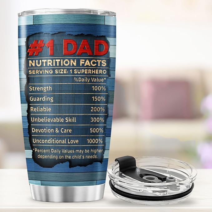 Funny Nutrition Facts Mug for Dad with Rustic USA Design, 20oz Stainless Steel Insulated Tumbler, Patriotic Gift for Father's Day, Birthday, Husband, Grandpa, Travel Use