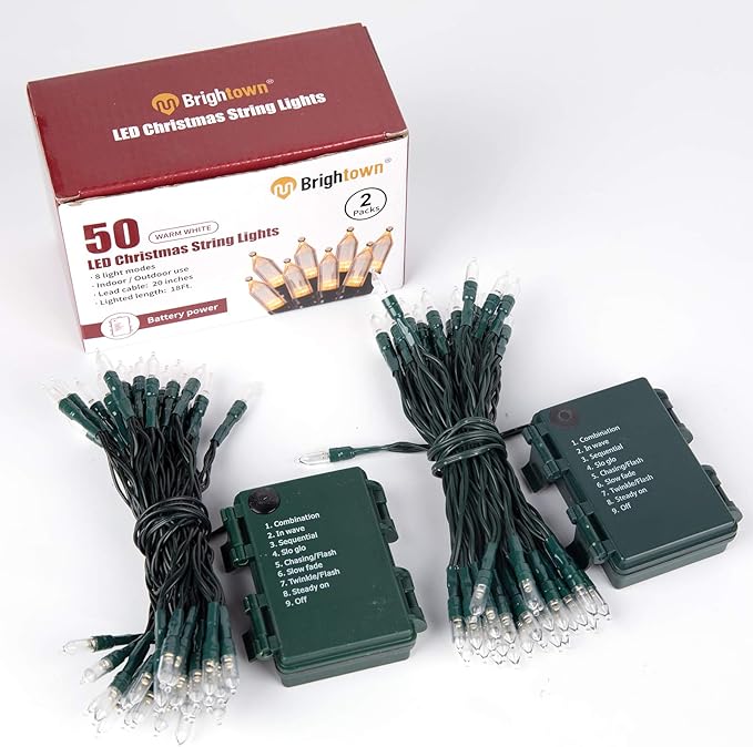 Brightown Battery Operated Christmas Lights 2 Pack 18 Feet 50 LED Clear Mini String Lights with 8 Modes Waterproof Tree Lights for Xmas Outdoor Indoor Holiday Party Garden Decor, Warm White