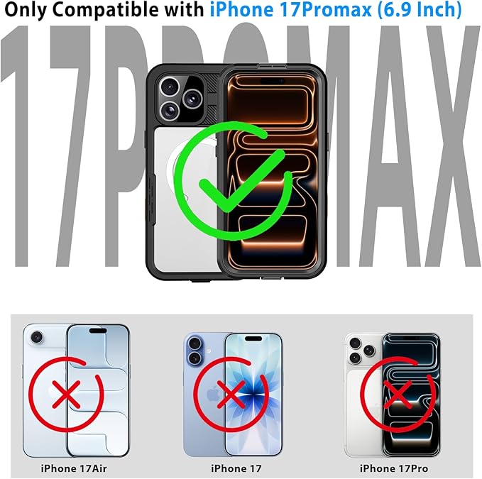 for Waterproof iPhone Case Compatible with iPhone 17 Pro Max, IP68 Waterproof Shockproof Dust-Proof Phone Case with Built in Screen Protector, Full Body Protective Case (Black, 17 Pro Max)