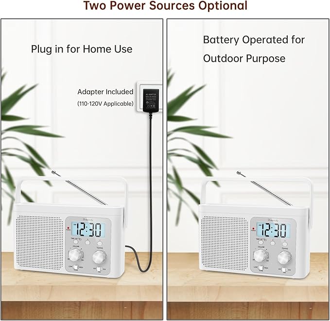 DreamSky AM FM Radio Portable - Shortwave Radio Battery Powered or Plug in Wall for Home Outdoor, Strong Reception, Large Dial Easy to Use, Digital Time Display, Transistor Antenna, Seniors Small Gift