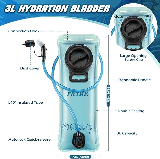FRTKK 2L/3L Hydration Bladder, Leak Proof Water Bladder for Hydration Pack, BPA Free Wide Opening Ergonomic Shape Water Reservoir for Running Hiking Cycling Camping
