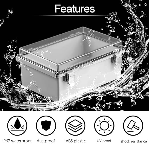 LeMotech Electrical Box, IP67 Waterproof Hinged Clear Cover Stainless Steel Latch Junction Box, ABS Plastic Electrical Enclosure with Mounting Plate,Wall Brackets, Cable Glands,11.8"x7.7"x5.2",Grey