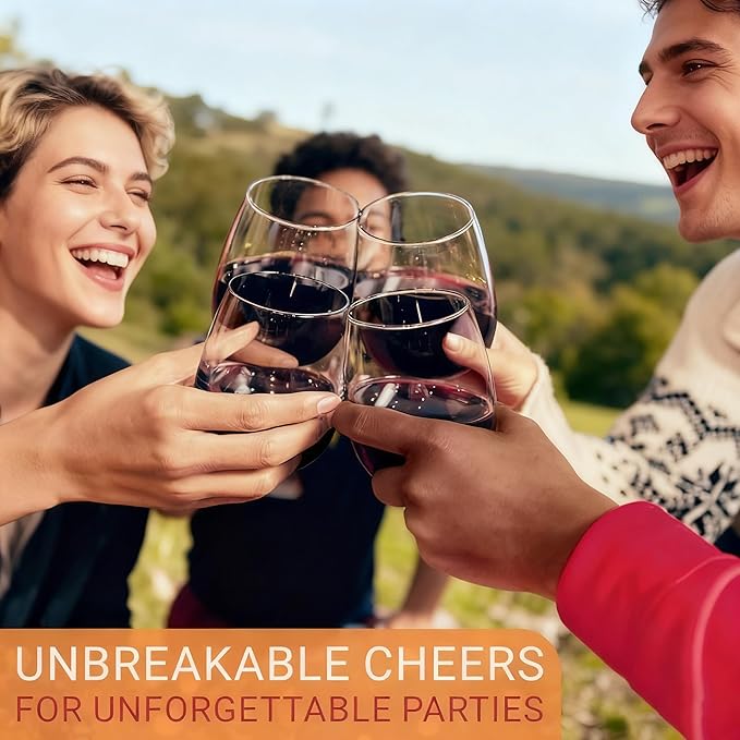 6 Pack Unbreakable Tritan Plastic Wine Glasses, 16 oz Reusable Stemless Wine Glass, BPA Free Tumblers, Drinking Glassware, Perfect for Indoor & Outdoor, Poolside, Party, Camping, Shatterproof 100%﻿