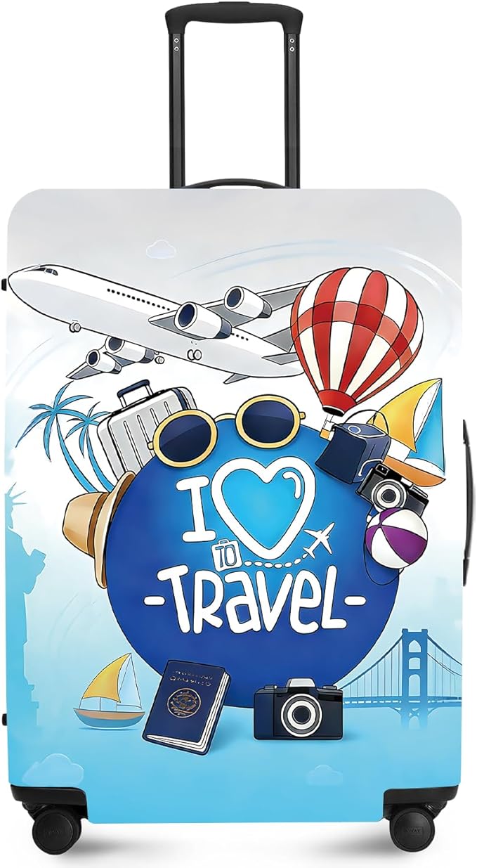 ANNA QUEEN I Love Travel Themed Luggage Cover,Stretchable Suitcase Protector Sleeve,Fit for 32-34 Inch Checked Baggage,Water Resistant & Durable Luggage Protector