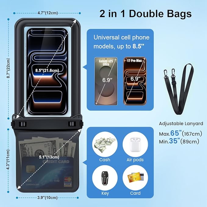 [Up to 8.5''] Waterproof Phone Pouch Floating 2 Pack, IPX8 Double Space Waterproof Phone Case with Lanyard for iPhone 17 16 15 Pro Max, Galaxy S26 Ultra, Cellphone Dry Bag Beach Cruise Ship Essentials