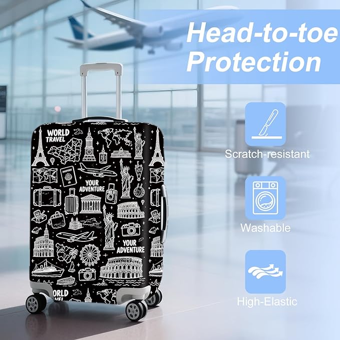 ANNA QUEEN Travel Seamless Pattern Luggage Cover -Stretchable Airplane Suitcase Protector Sleeve,Universal Washable Fit for 20-26 Inch Checked Baggage,Water Resistant Durable Luggage Protector,M