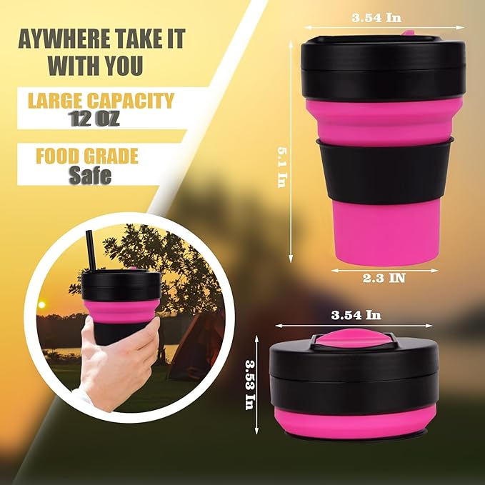 12 Oz Silicone Collapsible Travel Cup,Portable Silicone Water Bottle for Hot and Cold Beverages, Reusable Folding Drinking Cup with Lids 350ml for Camp Hiking Travel with Straw -Black Rose